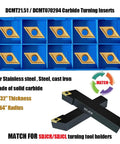 Ten carbide turning inserts (CCMT060204/DCMT070204) in a blue plastic organizer for CNC lathe turning.