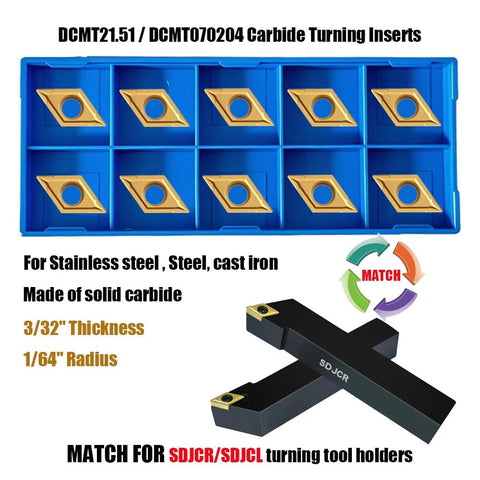 Ten carbide turning inserts (CCMT060204/DCMT070204) in a blue plastic organizer for CNC lathe turning.