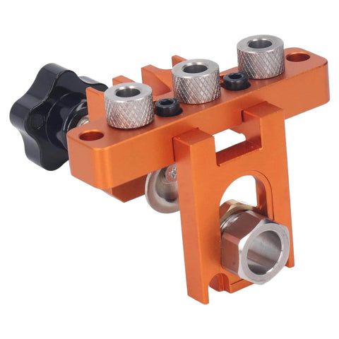 Three In One Doweling Jig Kit With Aluminum Construction Pro Grade Precision Drilling Guide And Positioning For Furniture Assembly Cabinets And DIY Projects Heavy Duty Woodworking Tool in orange aluminum with self-centering holes visible.