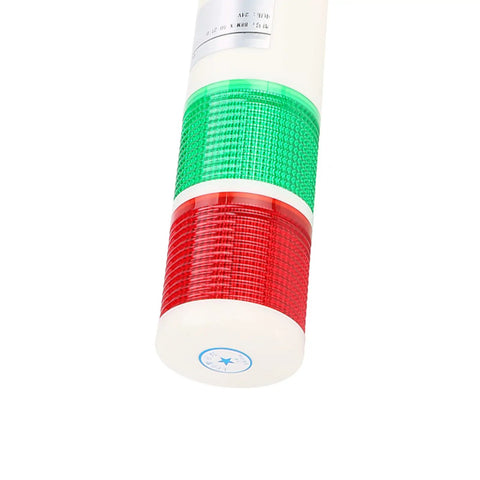 Close-up of Rugged Industrial Safety Warning Light LED Beacon with red and green two-layer indicator for warehouses and construction sites.