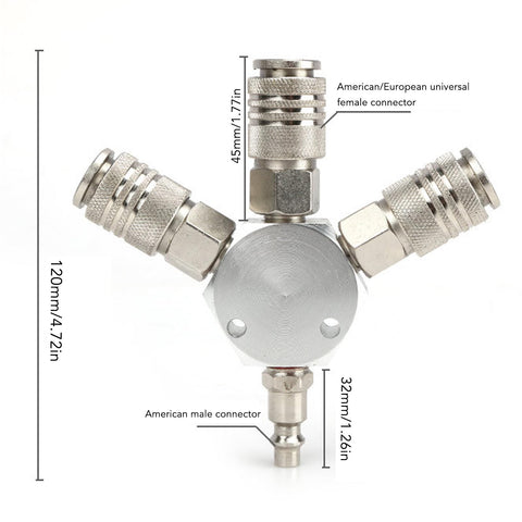 Three Way Air Splitter And Pneumatic Fitting In Aluminum Alloy With One Quarter Inch NPT Male Thread Rust Resistant 3 Way Manifold For Industrial Use Easy Install Quick Connector Self Locking Connection Built Tough detailed view