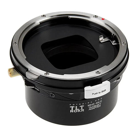 TLT ROKR Tilt Shift Lens Mount Adapter For Mamiya 645 MF Lenses To Sony E Mount Cameras With Infinity Focus, Up To 20mm Shift, 10 Degree Tilt, 360 Degree Rotation, Built For Sony Mirrorless, black metal lens adapter