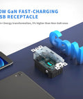 GaN 30W 6A 3 Port USB Wall Outlet With 2 USB C And 1 USB A Port, Fast Charger shown with blue GaN letters and devices nearby
