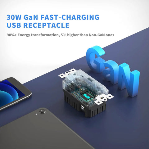 GaN 30W 6A 3 Port USB Wall Outlet With 2 USB C And 1 USB A Port, Fast Charger shown with blue GaN letters and devices nearby