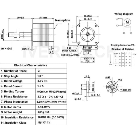 Technical drawing of NEMA 17 Stepper Motor with Integrated 300mm T8 Lead Screw for RepRap Prusa i3 3D Printers Z Axis or CNC Machine.