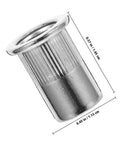 50 Pack M6 Knurled Stainless Steel Blind Rivet Nuts Set, Threaded Insert Rivnuts for Industrial Applications, shown with dimensions.