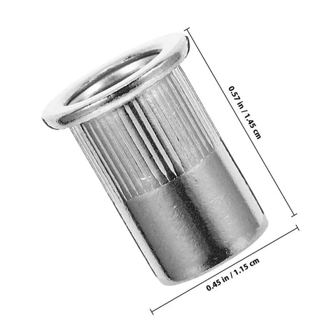 50 Pack M6 Knurled Stainless Steel Blind Rivet Nuts Set, Threaded Insert Rivnuts for Industrial Applications, shown with dimensions.