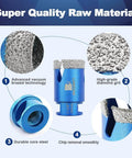Diamond core drill bit, blue, 4.5-inch, vacuum-brazed diamond with 5/8-11 threaded arbor for porcelain tile.
