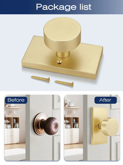 Two Pack Brushed Gold Dummy Door Knobs For Interior Doors Non Functional Decorative Handles For Closets And Pantries Single Side Install Zinc Alloy Build For Easy Push Pull Access, package list and before after install