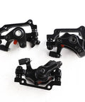 Rock Solid Mechanical Disc Brake Set With Dual Piston Calipers And Six Bolt Rotor showing black aluminum calipers from different angles.