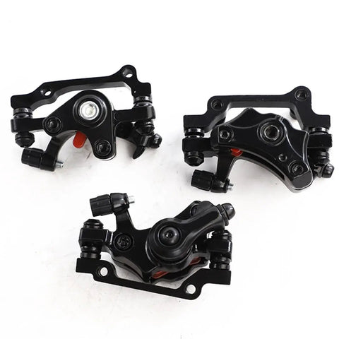 Rock Solid Mechanical Disc Brake Set With Dual Piston Calipers And Six Bolt Rotor showing black aluminum calipers from different angles.