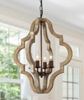 Barn Vibe Farmhouse Wood Chandelier With Four Lights Rustic Pendant Light Fixture in weathered white and bronze in a living room.