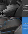 Before and after of Subaru Crosstrek center console with leather armrest cover in black with orange stitches, 2018-2023 models