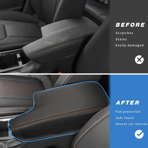 Before and after of Subaru Crosstrek center console with leather armrest cover in black with orange stitches, 2018-2023 models
