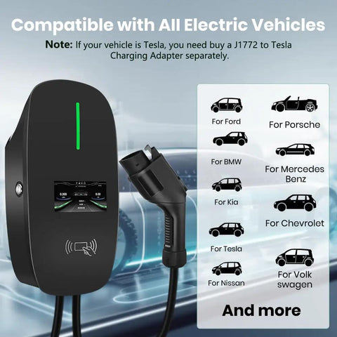 Heavy Duty Level 2 EV Charger Station For Full Throttle Charging And No Sweat Install, 48 Amp 11.5 KW Hardwired Wall Box With Smart Display, 26 Ft Cord, RfId Tag Reader And Bluetooth Mobile App Sync For Garage Or Driveway Use with charging plug and display.