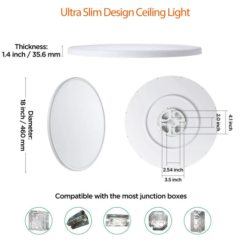 Ultra Slim Remote Control Flush Mount LED Ceiling Light 18 Inch Round Fixture with dimensions