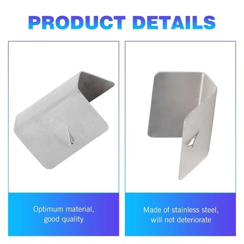 Two stainless steel windshield/rain deflector clips; left curved, right L-shaped glass-channel retainer (silver).