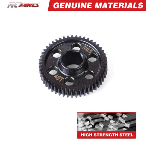 49T 0.5 Mod CNC Spur Gear Upgrade For Typhon Granite Mojave And Losi RC Cars Beefed Up Strength For 1/12, 1/16, 1/14, And 1/18 Scales Durable Metal Gear Set For Stronger Drivetrain showing steel gear with drilled holes on white background.