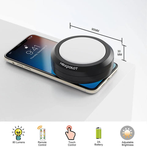 Color Changing LED Puck Lights With Remote Dimmable Under Cabinet Lights 4 Pack shown on smartphone for size comparison