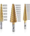 Aleric step drill bit set, titanium-coated HSS, 3-piece, front view with multi-size conical bits

Aleric step drill bits, titanium-coated HSS, 3-piece, side view showing stepped profiles

Aleric step drill bits close-up, titanium-coated HSS, multi-size stepped hole bits with size marks