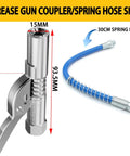 Grease gun coupler with 12-inch blue spring hose, metal body, quick-release, fits 1/8" NPT (Amazon)