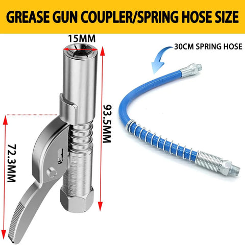 Grease gun coupler with 12-inch blue spring hose, metal body, quick-release, fits 1/8" NPT (Amazon)