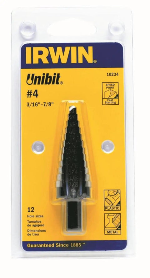 Step Drill Bit Set 3 16th To 7 8th Inch Sizes With 3 8th Inch Shank Industrial Grade Molybdenum Steel in packaging by Irwin Tools