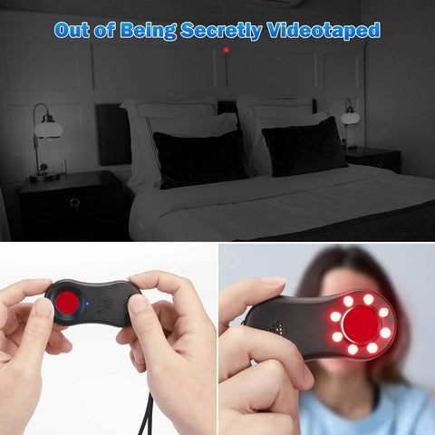 Anti Spy Camera Detector With Infrared Viewfinder in use, scanning a bedroom, highlighting LED indicator for hidden cameras.