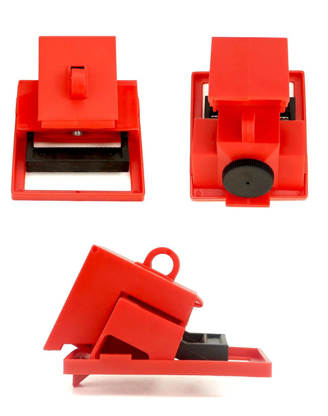 Universal Six Pack Circuit Breaker Lockout Kit For 480/600V Single Pole With Clamp Style Gear, shown in front and side views