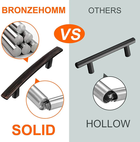 Comparison between solid and hollow cabinet handles highlighting 30 Pack Oil Rubbed Bronze Solid Cabinet Handles 5.25 Inch length.