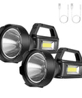 Beast Mode Brightness Rechargeable Spotlight Flashlight With USB Output High Lumen Handheld Searchlight, two units with cables.
