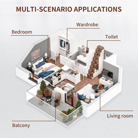 3D layout of apartment showing bedroom, living room, wardrobe, toilet, and balcony