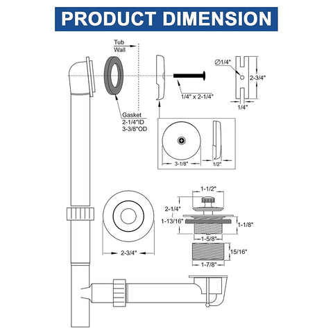 Technical diagram of Brass Bathtub Drain Kit with Lift and Turn Mechanism showing dimensions and components details.