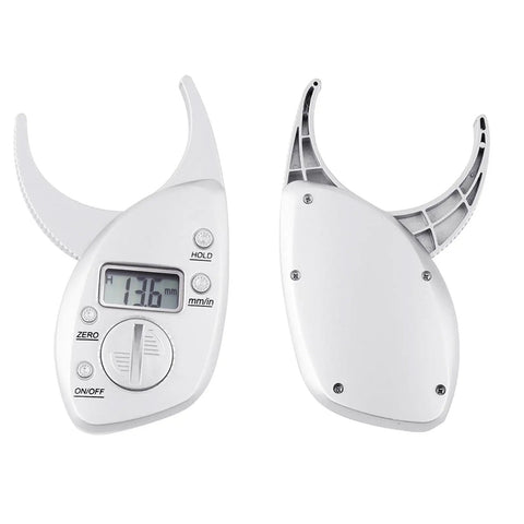 Front and back view of Portable Skinfold Caliper With LCD Screen For Easy Body Fat Measurement, showing LCD display and buttons.