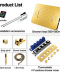 Top Shelf Thermostatic Shower System With Bumpin Bluetooth Music And Lit 64 Color LED Display Concealed PVD Gold Trim Kit installation parts and accessories