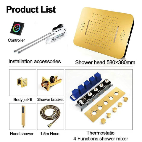 Top Shelf Thermostatic Shower System With Bumpin Bluetooth Music And Lit 64 Color LED Display Concealed PVD Gold Trim Kit installation parts and accessories