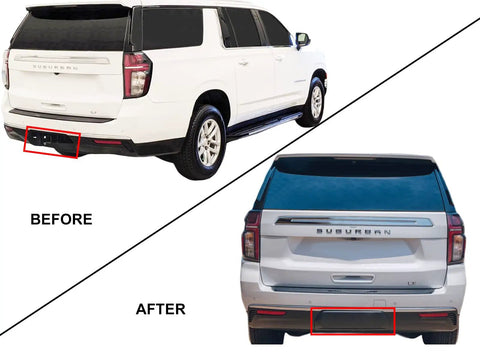 Comparison of before and after Rear Trailer Hitch Cover Replacement For 2021 2022 2023 Tahoe Suburban Yukon Yukon XL Denali