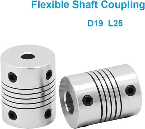 Flexible shaft coupling D19 L25 aluminum alloy with 8mm x 8mm bore for motors, encoders, or pumps.