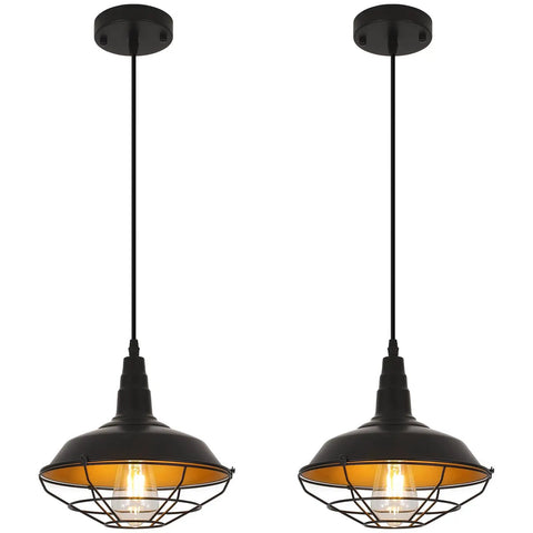 Farmhouse Industrial Pendant Light 2-Pack, 10.2-Inch Black Pendant Lights for Kitchen Island with vintage metal wire cage design.