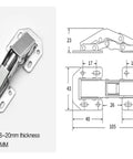 Image shows 4 Pack 90 Degree Soft Closing Spring Hinges No Pre Drilling Required Noiseless Hidden Cabinet Hinge For Cabinets And Furniture 4 Inch Normal Type Nickel Plated Cold Rolled Steel Easy Install Durable Budget Friendly Hardware with technical dimensions.