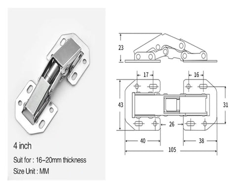 Image shows 4 Pack 90 Degree Soft Closing Spring Hinges No Pre Drilling Required Noiseless Hidden Cabinet Hinge For Cabinets And Furniture 4 Inch Normal Type Nickel Plated Cold Rolled Steel Easy Install Durable Budget Friendly Hardware with technical dimensions.