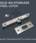 Solid 304 stainless steel latch shown with plate and hardware, features include security, guard against theft, low collision sound.