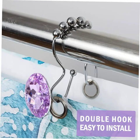 Double Hooks Glide Shower Curtain Rings No Fuss Rust Resistant Stainless Steel Purple Decorative Design close-up