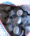 Open Backpack Cooler For 18 Cans With Bottle Opener Leakproof Insulated Cooler Bag filled with ice and cans, blue stripe design