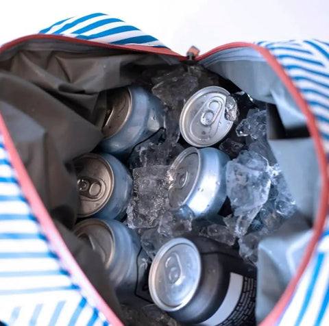 Open Backpack Cooler For 18 Cans With Bottle Opener Leakproof Insulated Cooler Bag filled with ice and cans, blue stripe design