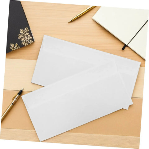 White 100 Pack Self Seal Envelopes With Peel And Seal Privacy Protection on desk with pens and notebooks
