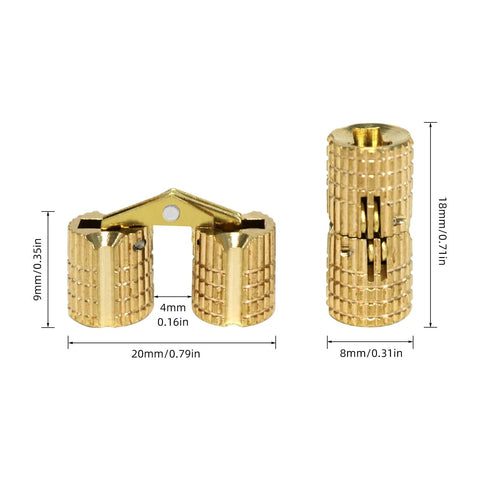 8 Piece Brass Barrel Hidden Hinges For Cabinets And Jewelry Boxes 8mm 180 Degree Concealed Hinge Hardware, dimensions shown