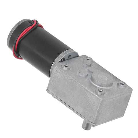 Real Deal DC12V Self Locking Gear Motor Featuring High Torque Metal Gears And Straight Up Single Shaft Speed Reduction designed for robotics car mods, showing side angle.