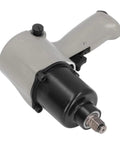 Heavy Duty Pneumatic Impact Wrench With 1/4 Inch Square Drive And Aluminum Casing showing black metal housing and gray handle.