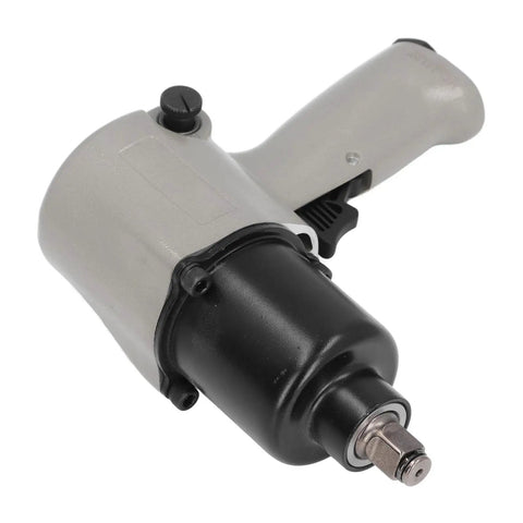 Heavy Duty Pneumatic Impact Wrench With 1/4 Inch Square Drive And Aluminum Casing showing black metal housing and gray handle.